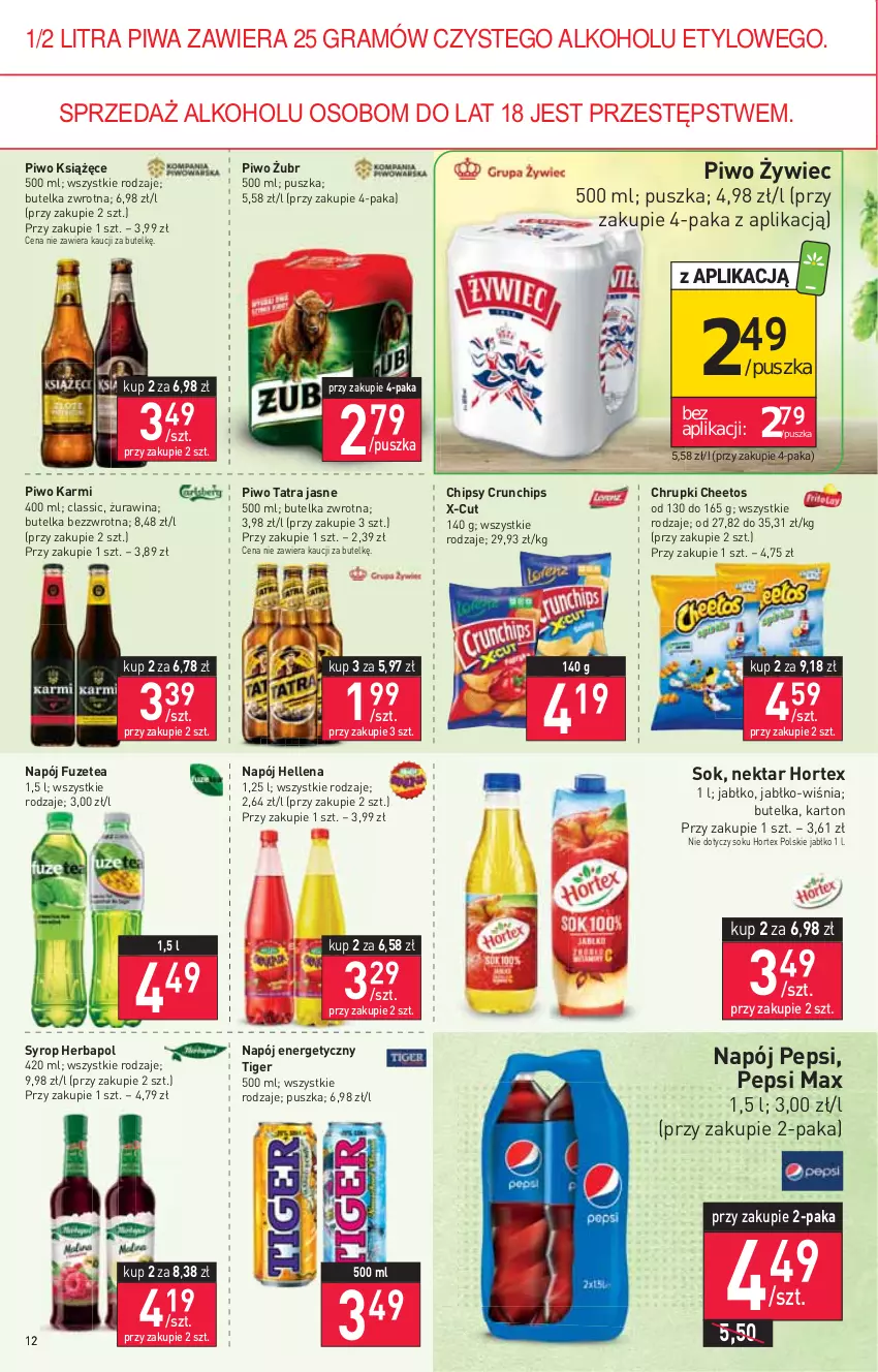 Gazetka promocyjna Stokrotka - Supermarket - ważna 17.03 do 23.03.2022 - strona 12 - produkty: Cheetos, Chipsy, Chrupki, Crunchips, Gra, Hellena, Herbapol, Hortex, Karmi, Książęce, Napój, Napój energetyczny, Nektar, Pepsi, Pepsi max, Piwa, Piwo, Sok, Syrop, Tatra, Tiger