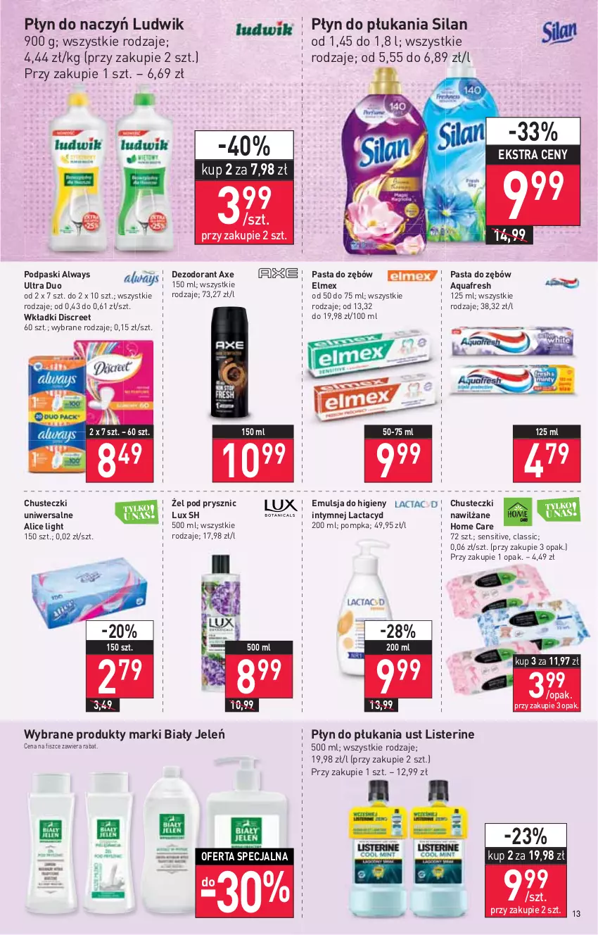 Gazetka promocyjna Stokrotka - Supermarket - ważna 17.03 do 23.03.2022 - strona 13 - produkty: Always, Always Ultra, Aquafresh, Biały Jeleń, Chusteczki, Dezodorant, Discreet, Elmex, Emulsja, Lactacyd, Listerine, Ludwik, Pasta do zębów, Płyn do płukania, Podpaski, Pompka, Silan, Wkładki