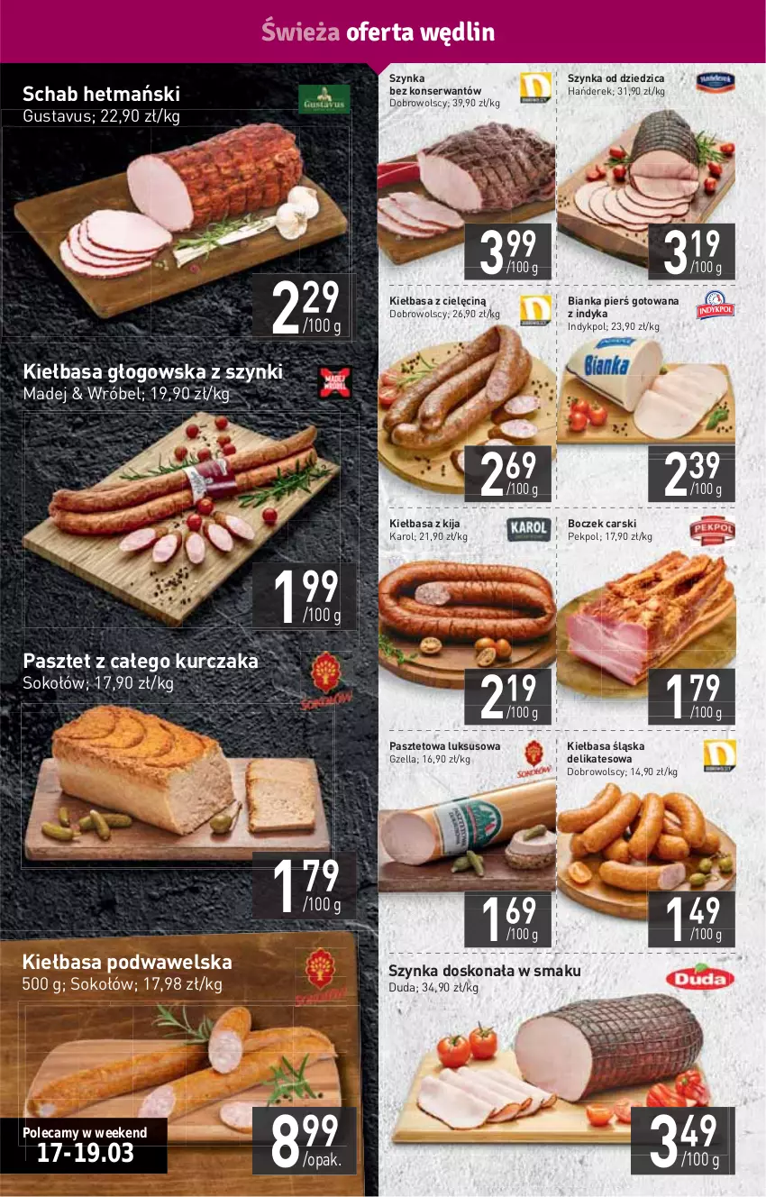 Gazetka promocyjna Stokrotka - Supermarket - ważna 17.03 do 23.03.2022 - strona 4 - produkty: Bianka, Boczek, Cars, Duda, HP, Kiełbasa, Kiełbasa głogowska, Kiełbasa podwawelska, Kiełbasa śląska, Kurczak, Pasztet, Pekpol, Ser, Sok, Sokołów, Szynka, Wawel