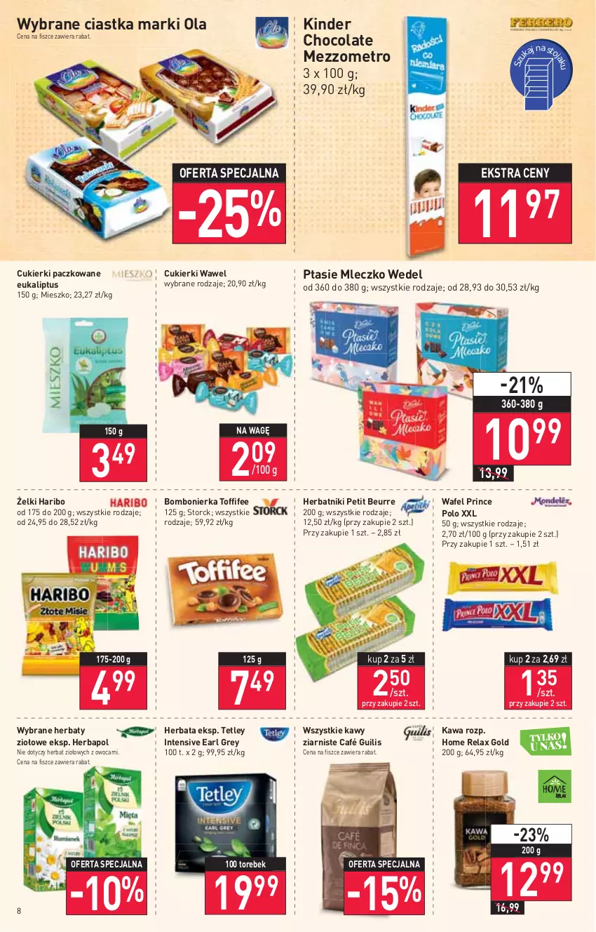 Gazetka promocyjna Stokrotka - Supermarket - ważna 17.03 do 23.03.2022 - strona 8 - produkty: Ciastka, Cukier, Cukierki, Earl Grey, Haribo, Herbapol, Herbata, Herbatniki, Herbatniki Petit Beurre, Kawa, Kinder, Metro, Mleczko, Prince Polo, Ptasie mleczko, Tetley, Toffifee, Wawel