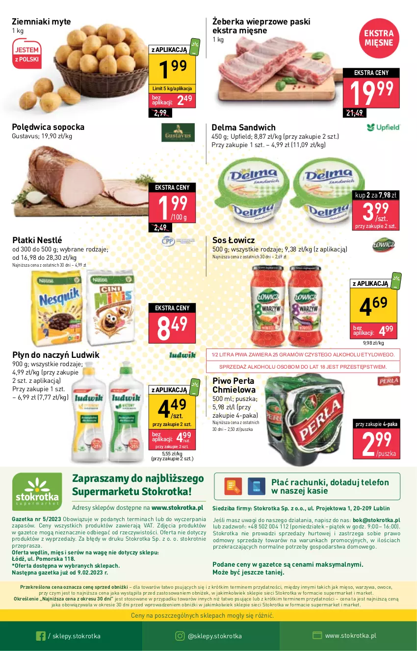 Gazetka promocyjna Stokrotka - Supermarket - ważna 02.02 do 08.02.2023 - strona 16 - produkty: Delma, Dres, Gra, JBL, Ludwik, Mięso, Nestlé, O nas, Owoce, Perła, Piwa, Piwo, Polędwica, Ser, Sos, Telefon, Wagi, Warzywa, Ziemniaki