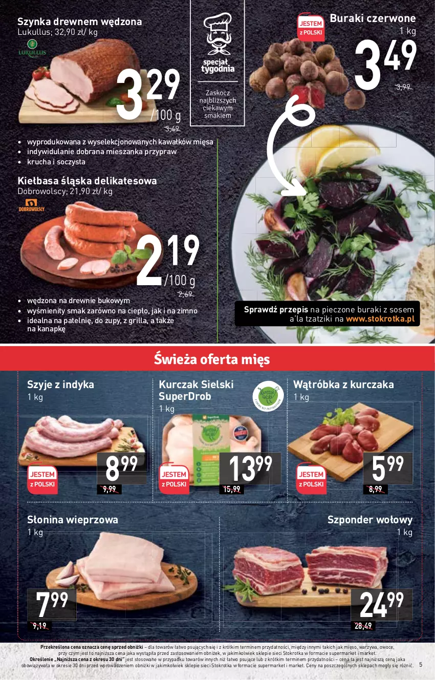 Gazetka promocyjna Stokrotka - Supermarket - ważna 02.02 do 08.02.2023 - strona 5 - produkty: Buraki, Grill, Kawa, Kiełbasa, Kiełbasa śląska, Kurczak, Mięso, Owoce, Piec, Sos, Szponder wołowy, Szynka, Warzywa