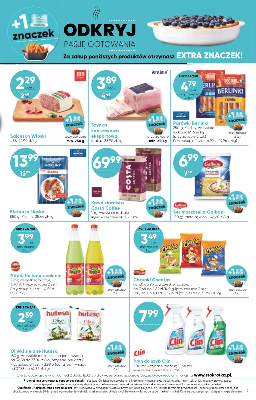 Gazetka promocyjna Stokrotka - Supermarket - ważna 02.02 do 08.02.2023 - strona 7 - produkty: Berlinki, Cheetos, Chrupki, Clin, Galbani, Hellena, Kawa, Kawa ziarnista, Kiełbasa, Kiełbasa śląska, Krakus, Mięso, Morliny, Mozzarella, Napój, Oliwki, Oliwki zielone, Owoce, Parówki, Płyn do szyb, Por, Salceson, Ser, Sok, Sport, Szynka, Szynka konserwowa, Warzywa