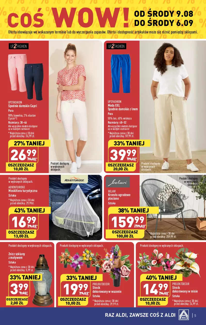 Gazetka promocyjna Aldi - Artykuły przemysłowe i tekstylia - ważna 09.08 do 12.08.2023 - strona 5 - produkty: Fa, Krzesło, Krzesło ogrodowe, Moda, Spodnie, Wazon, Wełna, Znicz