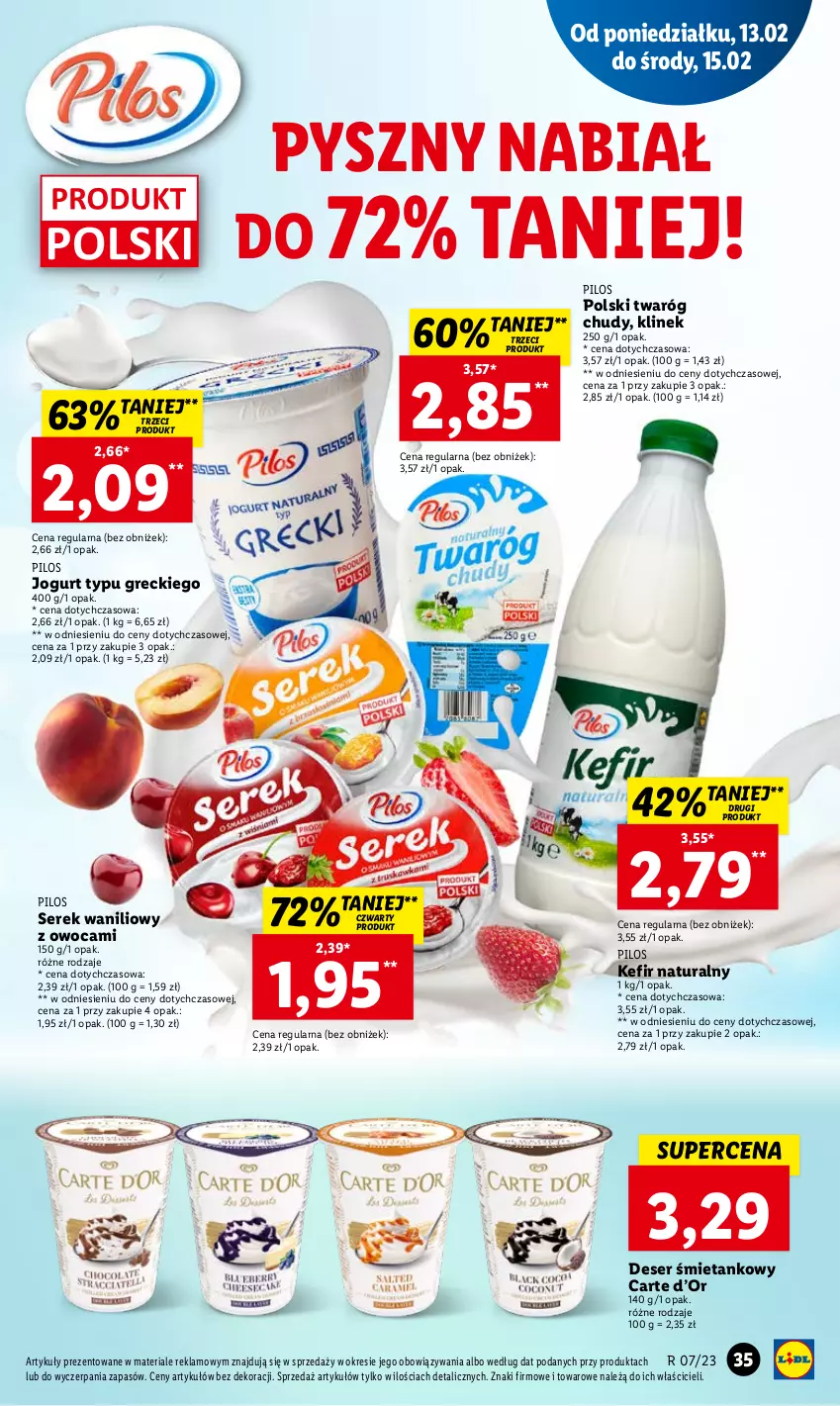 Gazetka promocyjna Lidl - GAZETKA - ważna 13.02 do 15.02.2023 - strona 37 - produkty: Deser, Jogurt, Kefir, Kefir naturalny, Pilos, Ser, Serek, Twaróg, Twaróg chudy