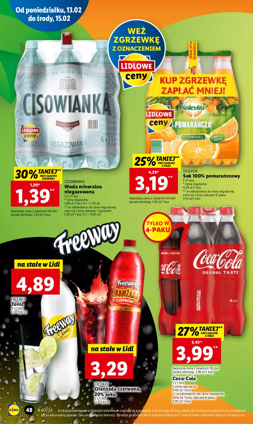 Gazetka promocyjna Lidl - GAZETKA - ważna 13.02 do 15.02.2023 - strona 50 - produkty: Cisowianka, Coca-Cola, Oranżada, Sok, Woda, Woda mineralna