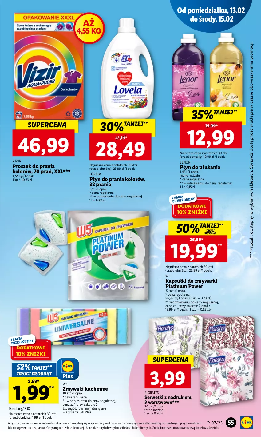 Gazetka promocyjna Lidl - GAZETKA - ważna 13.02 do 15.02.2023 - strona 57 - produkty: Flora, Lenor, Lovela, Płyn do płukania, Płyn do prania, Proszek do prania, Ser, Serwetki, Vizir, Zmywaki kuchenne, Zmywarki