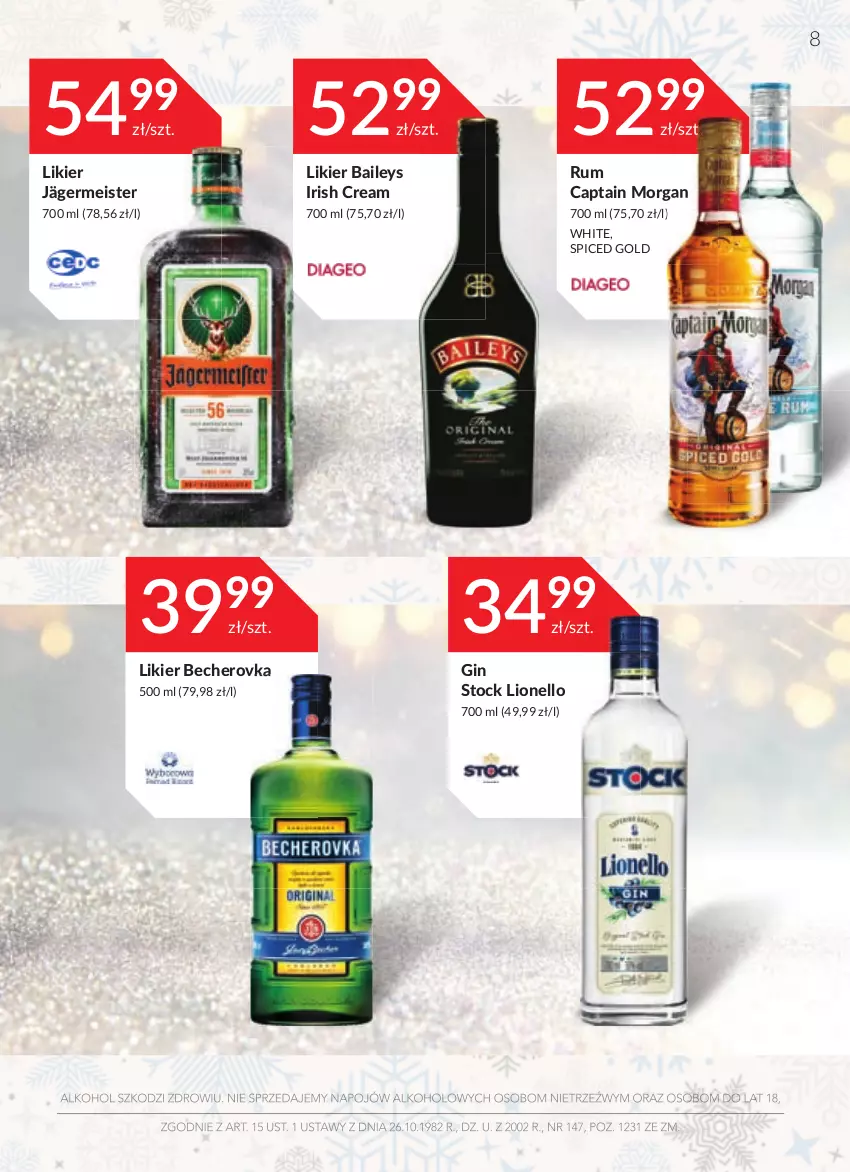 Gazetka promocyjna Stokrotka - Katalog Sylwester - ważna 27.12.2021 do 13.01.2022 - strona 8 - produkty: Captain Morgan, Gin, Likier, Lion, Rum, Stock