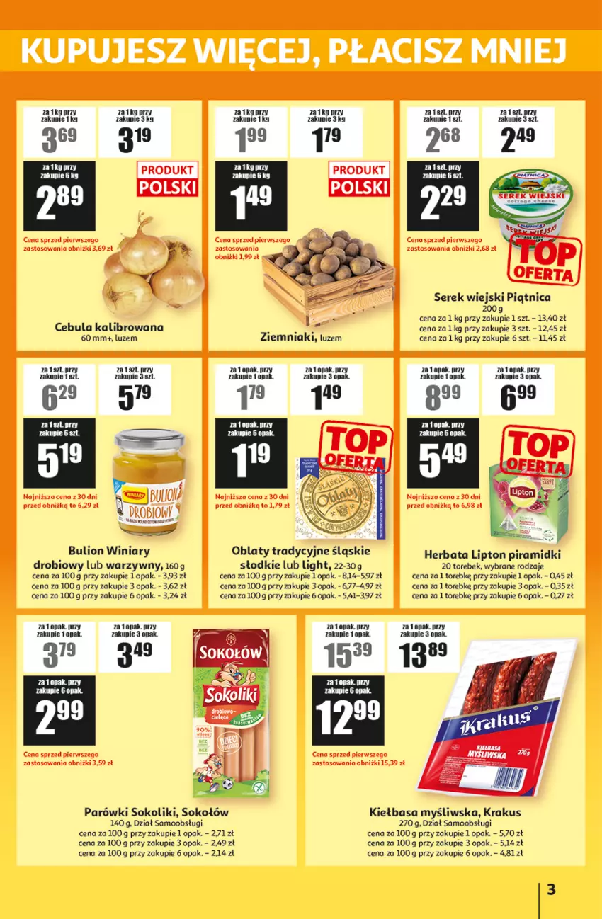 Gazetka promocyjna Auchan - ATAC Hiper Discount - ważna 12.02 do 04.03.2026 - strona 3 - produkty: Bulion, Cebula, Fa, Herbata, Kiełbasa, Krakus, Lion, Lipton, Parówki, Parówki sokoliki, Piątnica, Ser, Serek, Serek wiejski, Sok, Sokołów, Winiary, Ziemniaki