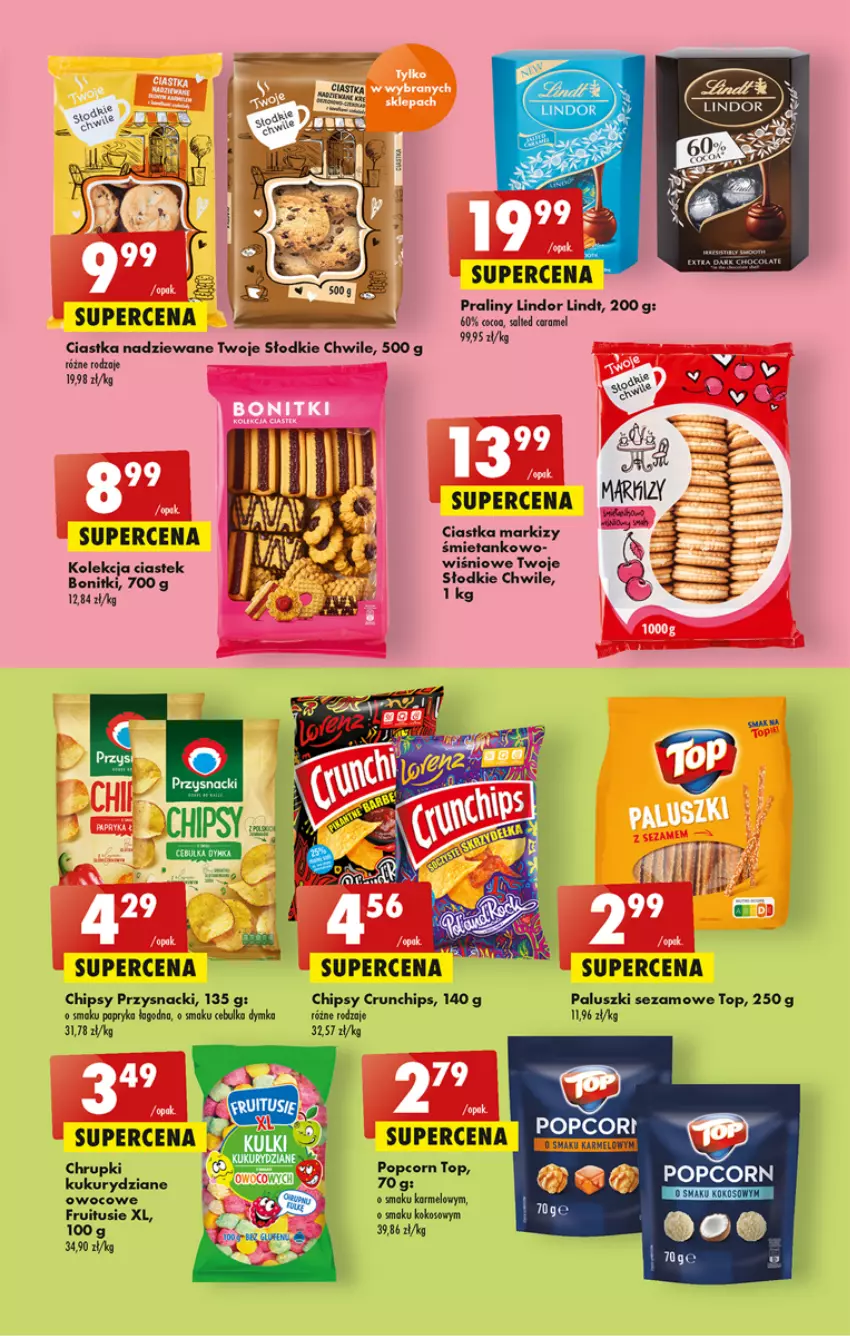 Gazetka promocyjna Biedronka - W tym tygodniu - ważna 04.08 do 10.08.2022 - strona 43 - produkty: Bonitki, Chipsy, Chrupki, Ciastka, Crunchips, Kokos, Lindt, Papryka, Popcorn, Praliny, Przysnacki, Sezam, Stek, Top