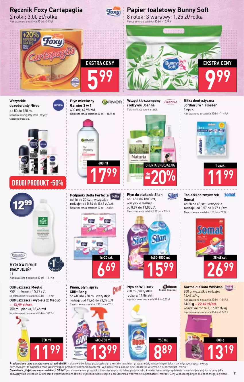 Gazetka promocyjna Stokrotka - Market - ważna 13.04 do 19.04.2023 - strona 11 - produkty: Bell, Bella, Biały Jeleń, Cillit Bang, Dezodorant, Duck, Foxy, Garnier, Joanna, Mięso, Mydło, Mydło w płynie, Nivea, Odtłuszczacz, Owoce, Papier, Papier toaletowy, Perfecta, Płyn do płukania, Płyn do wc, Płyn micelarny, Podpaski, Ręcznik, Rolki, Ser, Silan, Somat, Szampon, Tablet, Warzywa, Whiskas