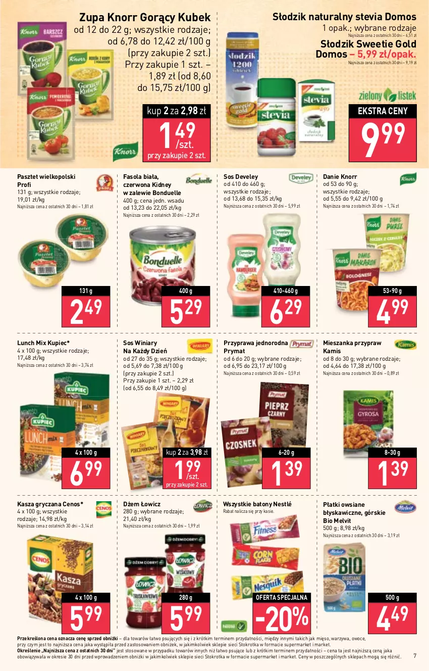 Gazetka promocyjna Stokrotka - Market - ważna 13.04 do 19.04.2023 - strona 7 - produkty: Baton, Bonduelle, Cenos, Dżem, Fa, Fasola, Gry, Kamis, Kasza, Kasza gryczana, Knorr, Kubek, Kupiec, Melvit, Mięso, Nestlé, Owoce, Pasztet, Piec, Płatki owsiane, Prymat, Sos, Warzywa, Winiary, Zupa