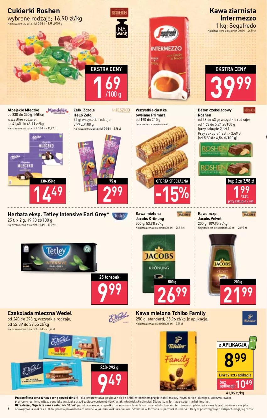 Gazetka promocyjna Stokrotka - Market - ważna 13.04 do 19.04.2023 - strona 8 - produkty: Baton, Ciastka, Ciastka owsiane, Cukier, Cukierki, Czekolada, Czekolada mleczna, Earl Grey, Fa, Herbata, Jacobs, Jacobs Krönung, Jacobs Velvet, Kawa, Kawa mielona, Kawa ziarnista, Mięso, Milka, Mleczko, Owoce, Prima, Segafredo, Tchibo, Tchibo Family, Tetley, Velvet, Warzywa