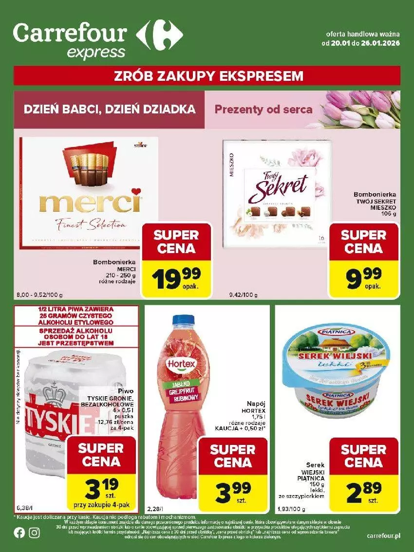 Gazetka promocyjna Carrefour - Gazetka Express - ważna 20.01 do 26.01.2026 - strona 1 - produkty: Gra, Hortex, Kret, Napój, Piwa, Piwo, Ser, Serek, Serek wiejski, Tyskie