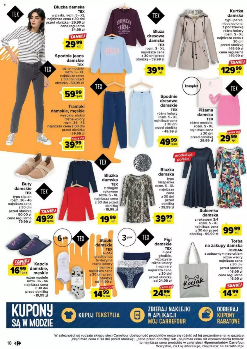 Gazetka promocyjna Carrefour - ważna 08.08 do 19.08.2023 - strona 10 - produkty: Bluza, Bluza dresowa, Buty, Dres, Fa, Fanta, Figi, Kapcie, Klej, Kurtka, Parka, Piżama, Sok, Spodnie, Spodnie dresowe, Spodnie jeans, Sukienka, Top, Torba, Trampki