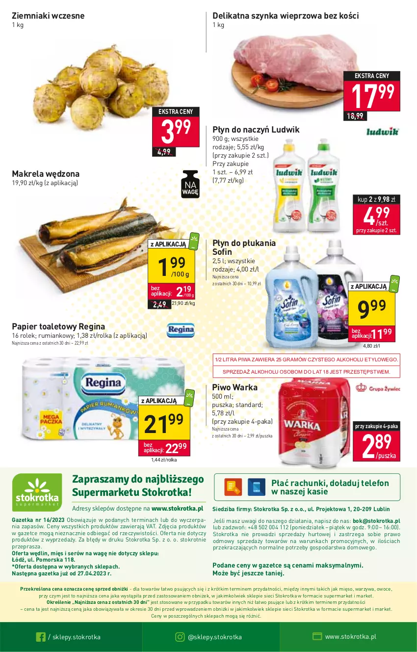 Gazetka promocyjna Stokrotka - Supermarket - ważna 20.04 do 26.04.2023 - strona 16 - produkty: Gin, Gra, Ludwik, Mięso, O nas, Owoce, Papier, Papier toaletowy, Piwa, Piwo, Płyn do płukania, Rum, Ser, Szynka, Szynka wieprzowa, Telefon, Wagi, Warka, Warzywa, Ziemniaki