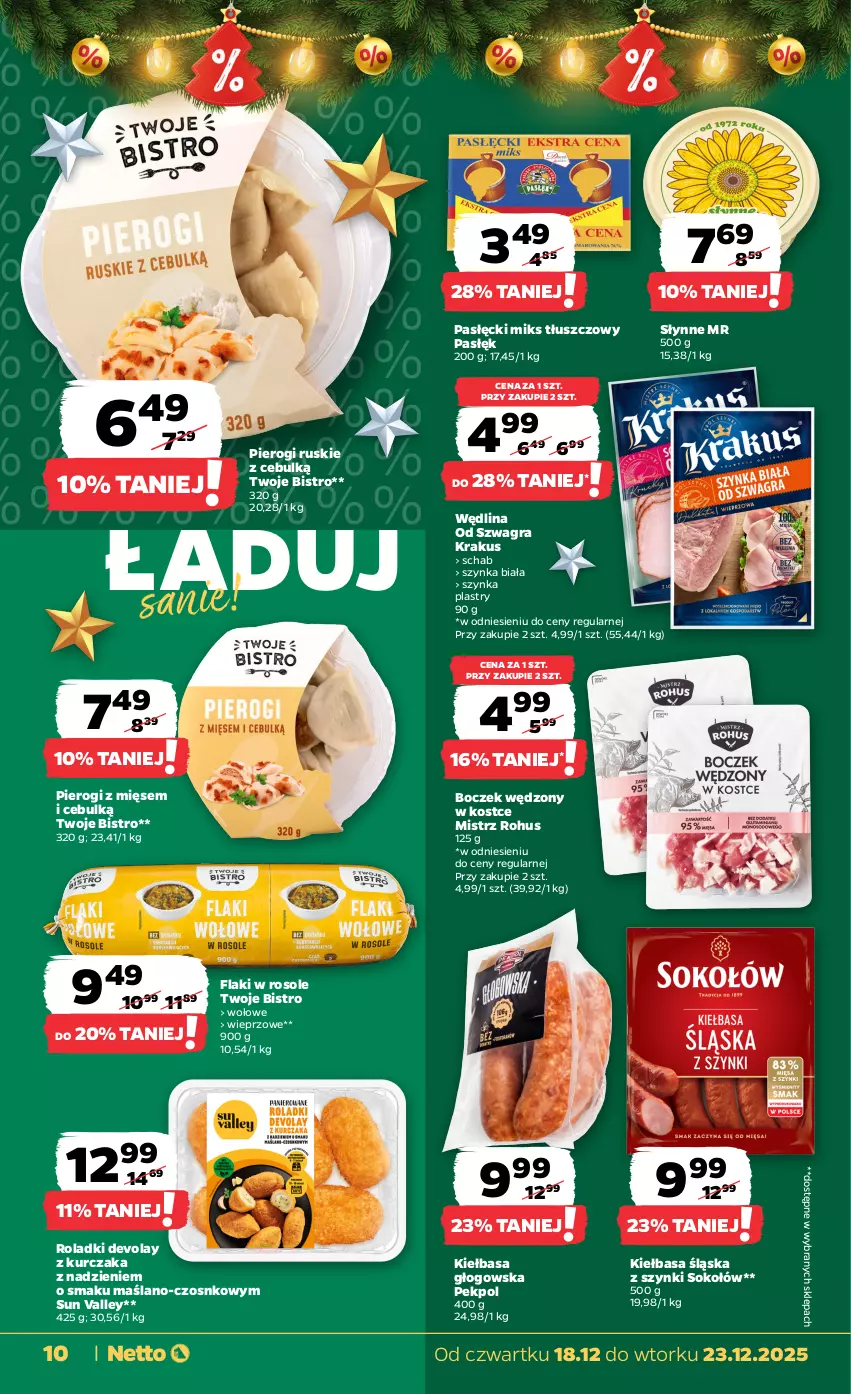 Gazetka promocyjna Netto - Od Czwartku - ważna 18.12 do 23.12.2025 - strona 10 - produkty: Boczek, Flaki, Gra, Kiełbasa, Kiełbasa głogowska, Kiełbasa śląska, Krakus, Kurczak, Miks tłuszczowy, Pekpol, Pierogi, Słynne, Sok, Sokołów, Szynka, Szynka biała, Wędlina