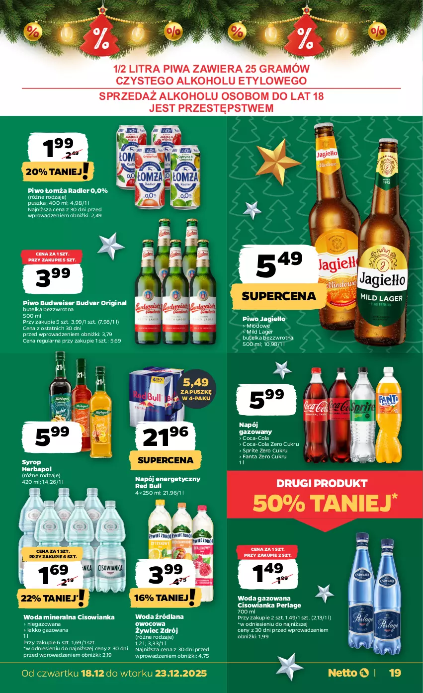 Gazetka promocyjna Netto - Od Czwartku - ważna 18.12 do 23.12.2025 - strona 19 - produkty: Cisowianka, Coca-Cola, Fa, Fanta, Gin, Gra, Herbapol, LANA, Napój, Napój energetyczny, Napój gazowany, Piwa, Piwo, Radler, Red Bull, Ser, Sprite, Syrop, Woda, Woda gazowana, Woda mineralna