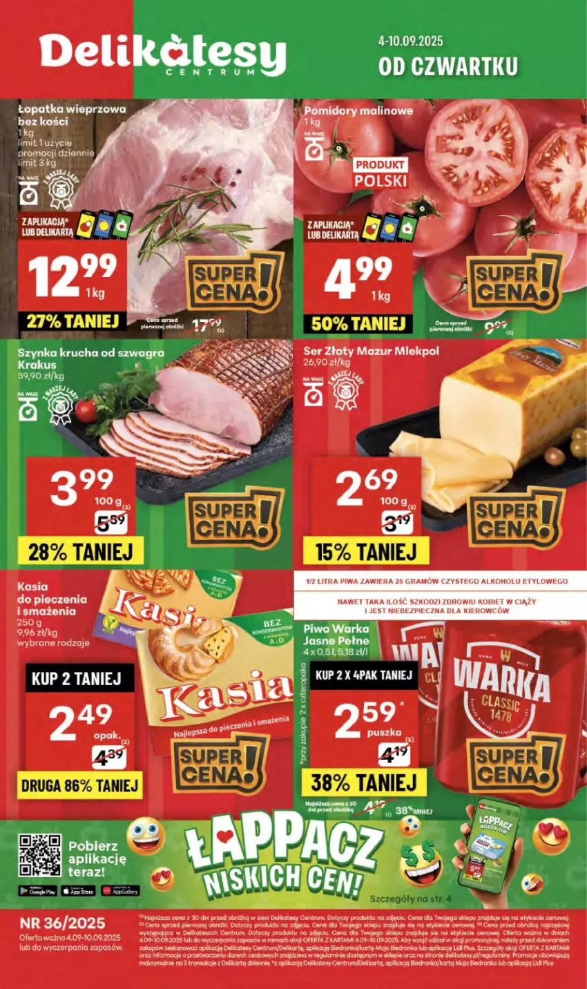 Gazetka promocyjna Delikatesy Centrum - Franczyza DC36 Czwartek - ważna 04.09 do 10.09.2025 - strona 1 - produkty: Fa, Gra, Kasia, Koc, Piec, Piwa, Piwo, Rama, Rum, Ser, Szynka, Warka, Złoty Mazur