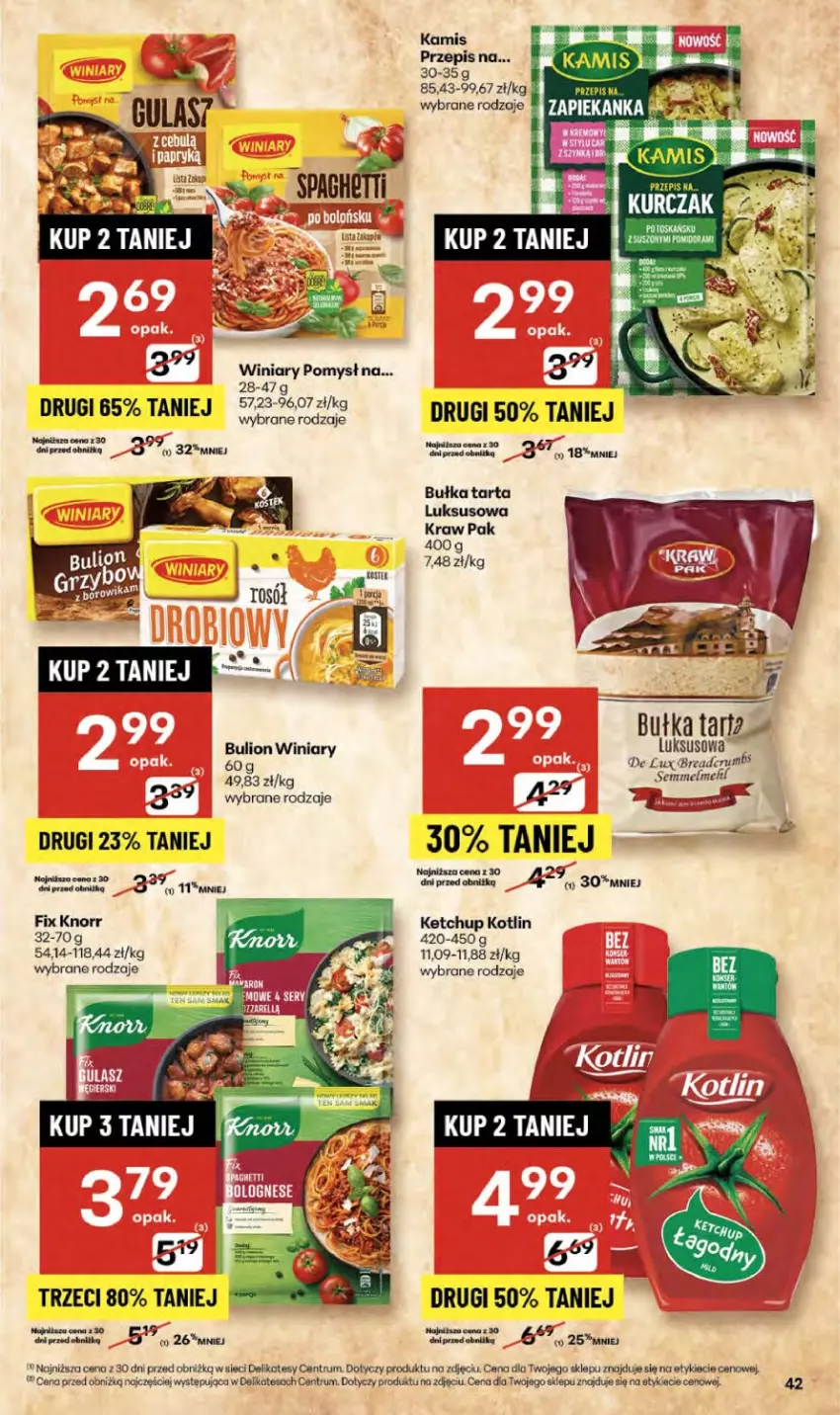 Gazetka promocyjna Delikatesy Centrum - Franczyza DC36 Czwartek - ważna 04.09 do 10.09.2025 - strona 42 - produkty: Bulion, Bułka, Bułka tarta, Kamis, Ketchup, Knorr, Kotlin, Lion, Rum, Tarta, Winiary