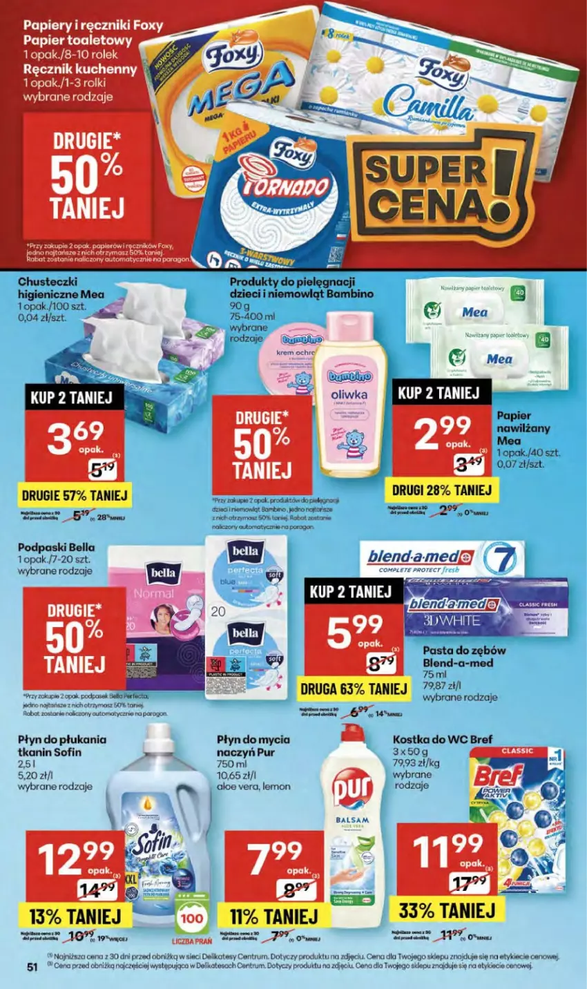 Gazetka promocyjna Delikatesy Centrum - Franczyza DC36 Czwartek - ważna 04.09 do 10.09.2025 - strona 51 - produkty: Aloe vera, Bell, Bella, Blend-a-Med, Bref, Chusteczki, Dzieci, Foxy, Kostka do wc, Papier, Papier toaletowy, Pasek, Pasta do zębów, Perfecta, Płyn do mycia, Płyn do płukania, Podpaski, Pur, Ręcznik, Robot, Rolki, Rum