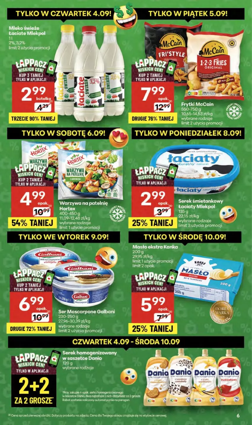 Gazetka promocyjna Delikatesy Centrum - Franczyza DC36 Czwartek - ważna 04.09 do 10.09.2025 - strona 6 - produkty: Fa, Frytki, Galbani, Mascarpone, Masło, McCain, Mleko, Ser, Serek, Serek homogenizowany