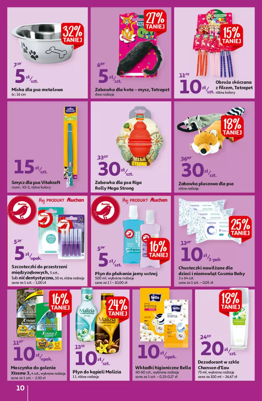 Gazetka promocyjna Auchan - przeNISKIE CENY na 1001 drobiazgów Hipermarkety - ważna 04.02 do 09.02.2022 - strona 10 - produkty: Bell, Bella, Chusteczki, Dezodorant, Dzieci, Fa, Malizia, Maszynka, Maszynka do golenia, Miska, Mysz, Nić dentystyczna, Płyn do kąpieli, Płyn do płukania, Płyn do płukania jamy ustnej, Smycz, Szynka, Tatra, Vitakraft, Wkładki, Zabawka