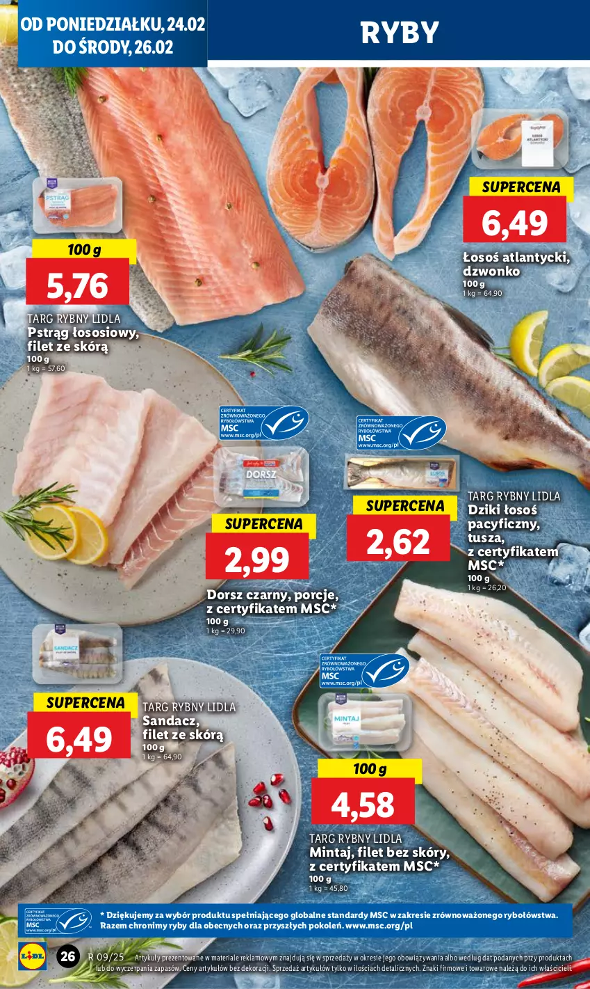 Gazetka promocyjna Lidl - GAZETKA - ważna 24.02 do 26.02.2025 - strona 28 - produkty: Dorsz, Mintaj, Por, Pstrąg, Pstrąg łososiowy, Sandacz, Sos, Tusz