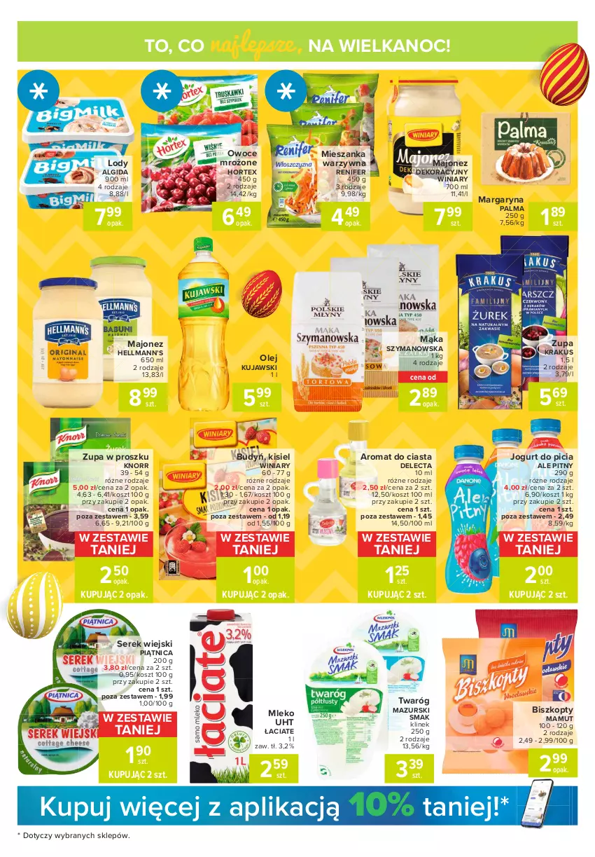 Gazetka promocyjna Carrefour - Gazetka Express - ważna 29.03 do 03.04.2021 - strona 3 - produkty: Algida, Biszkopty, Budyń, Delecta, Hellmann’s, Hortex, Jogurt, Kisiel, Knorr, Kosz, Krakus, Kujawski, LG, Lody, Majonez, Mąka, Margaryna, Mieszanka warzyw, Mleko, Olej, Owoce, Palma, Piątnica, Renifer, Ser, Serek, Serek wiejski, Twaróg, Winiary, Zupa