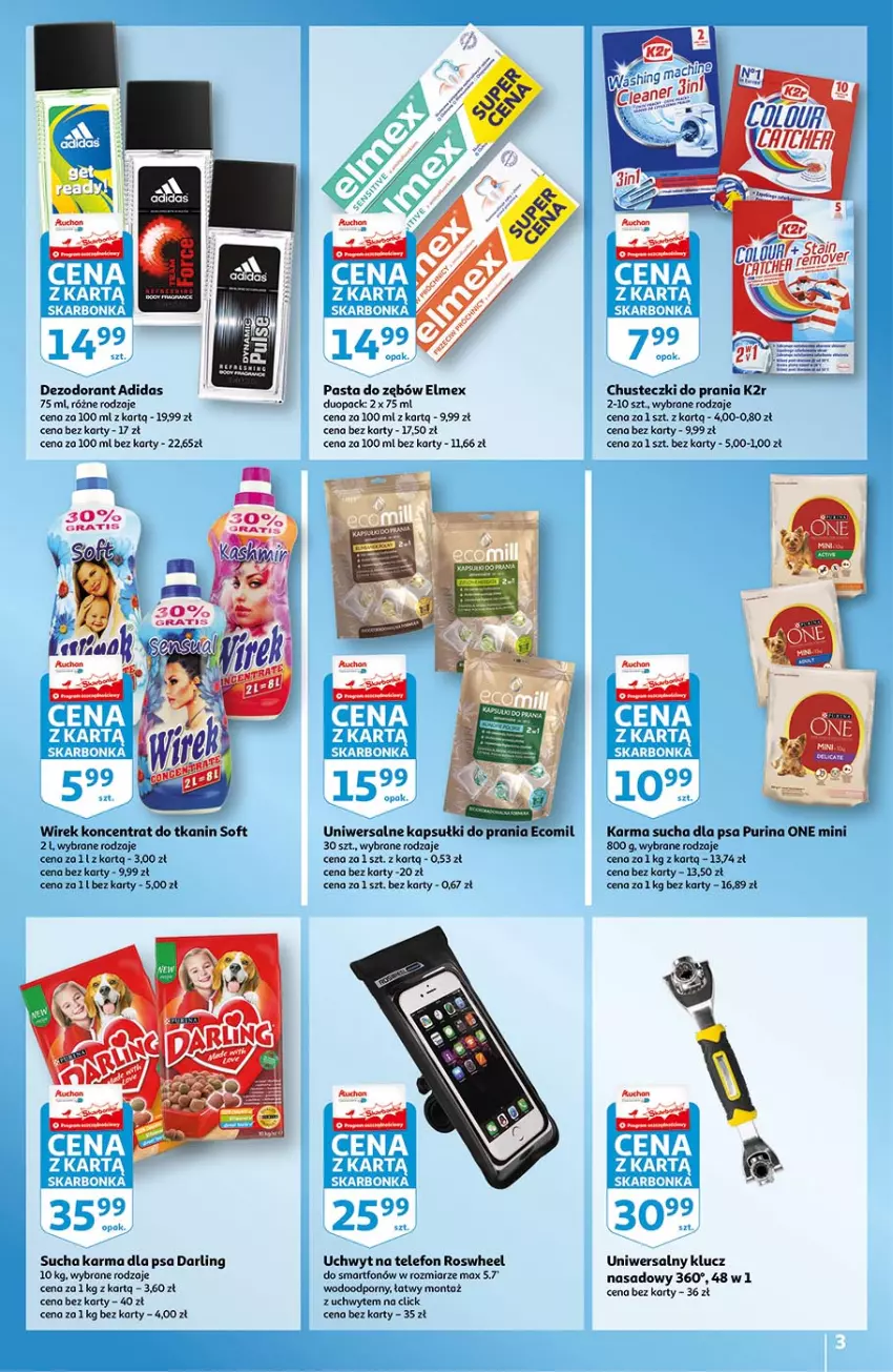 Gazetka promocyjna Auchan - Skarbonka #14 - ważna 06.04 do 14.04.2021 - strona 3 - produkty: Adidas, Chusteczki, Chusteczki do prania, Cif, Dezodorant, Elmex, Gra, K2, Kapsułki do prania, Pasta do zębów, Por, Pur, Purina, Smartfon, Sucha karma, Telefon