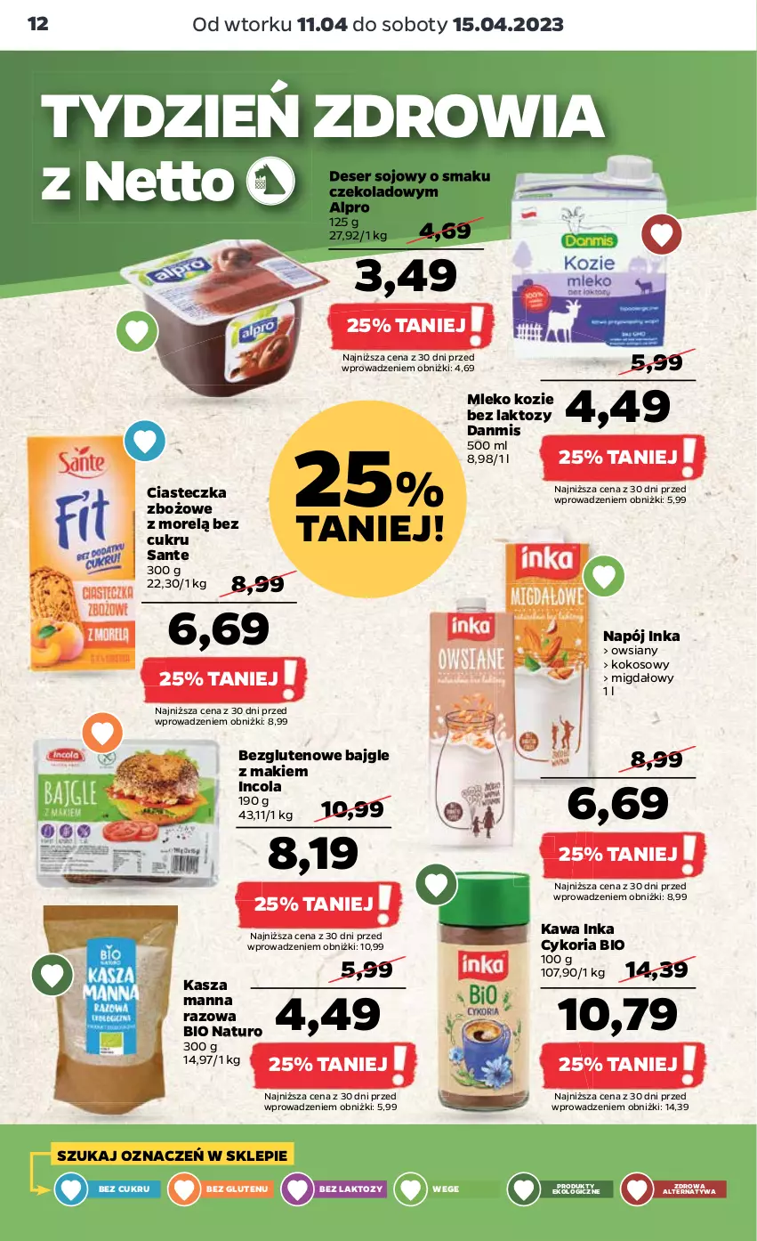 Gazetka promocyjna Netto - Artykuły spożywcze - ważna 11.04 do 15.04.2023 - strona 12 - produkty: Alpro, Bajgle, Deser, Inka, Kasza, Kawa, Kokos, Mleko, Mleko kozie, Napój, Sante, Ser