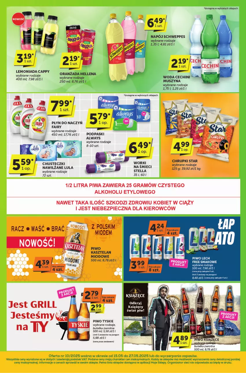 Gazetka promocyjna ABC - ważna 15.05 do 27.05.2025 - strona 4 - produkty: Always, Cappy, Chrupki, Chusteczki, Fa, Fairy, Gra, Grill, Hellena, Kasztelan, Książęce, Lemoniada, Mus, Piec, Piwa, Piwo, Podpaski, Schweppes, Szyna, Tyskie, Woda
