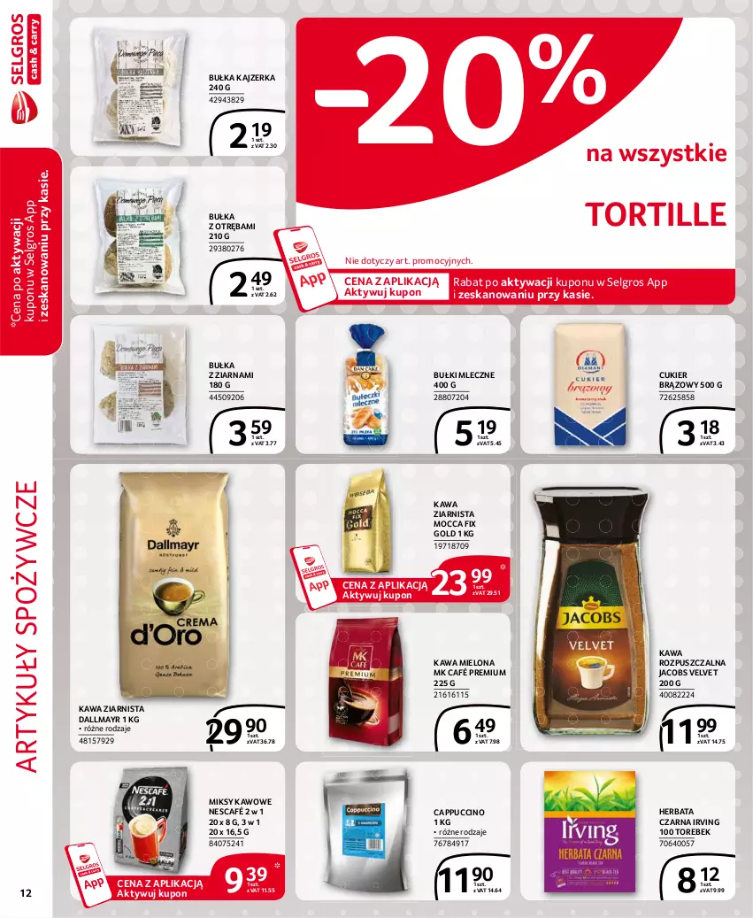 Gazetka promocyjna Selgros - Extra Oferta - ważna 01.04 do 30.04.2021 - strona 12 - produkty: Artykuły spożywcze, Bułka, Cappuccino, Cukier, Dallmayr, Herbata, Herbata czarna, Irving, Jacobs, Jacobs Velvet, Kajzerka, Kawa, Kawa mielona, Kawa rozpuszczalna, Kawa ziarnista, LG, Mocca Fix Gold, Nescafé, Velvet