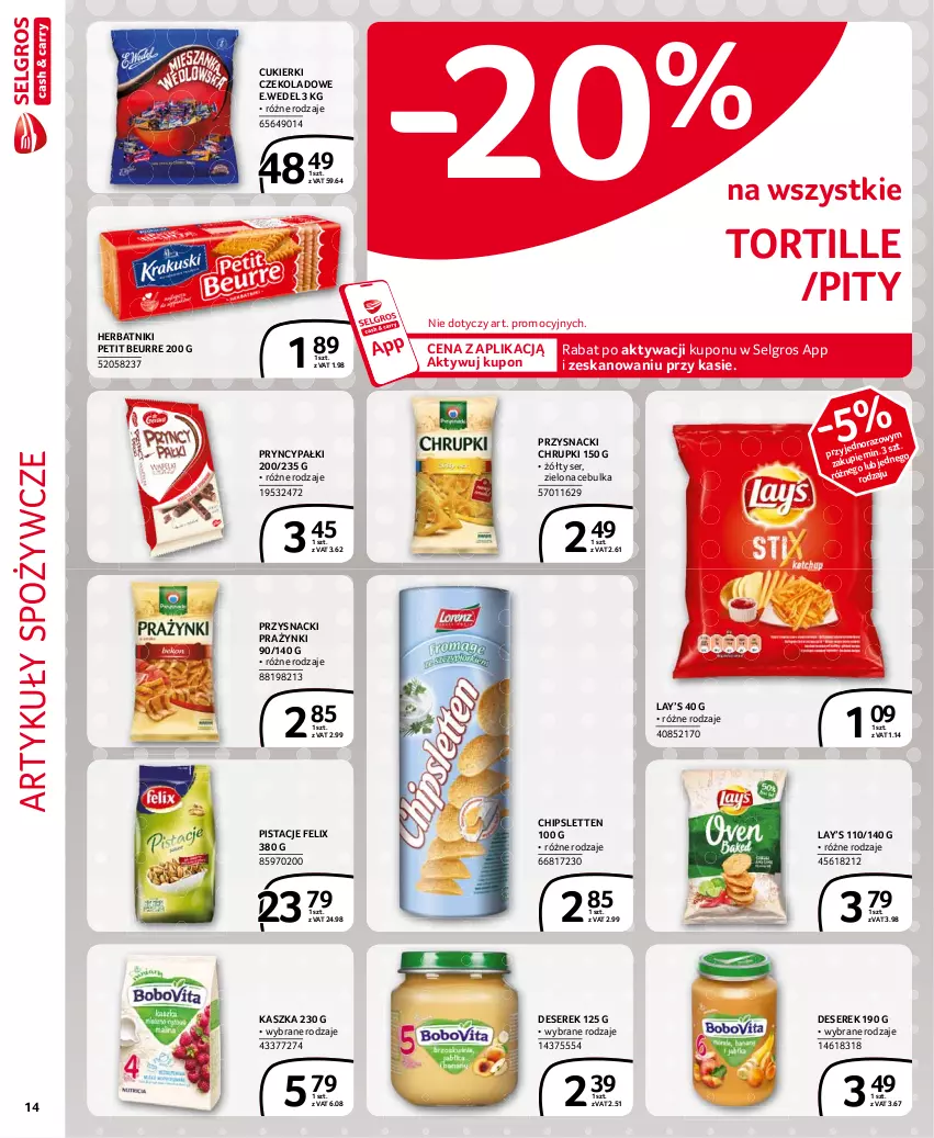 Gazetka promocyjna Selgros - Extra Oferta - ważna 01.04 do 30.04.2021 - strona 14 - produkty: Artykuły spożywcze, Chrupki, Cukier, Cukierki, Cukierki czekoladowe, Deser, Felix, Herbatniki, Herbatniki Petit Beurre, Lay’s, LG, Pistacje, Przysnacki, Ser, Serek