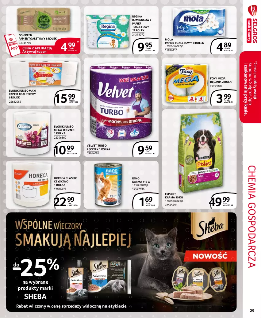 Gazetka promocyjna Selgros - Extra Oferta - ważna 01.04 do 30.04.2021 - strona 29 - produkty: Foxy, Friskies, Gin, LG, Mola, Papier, Papier toaletowy, Ręcznik, Rolki, Rum, Sheba, Velvet