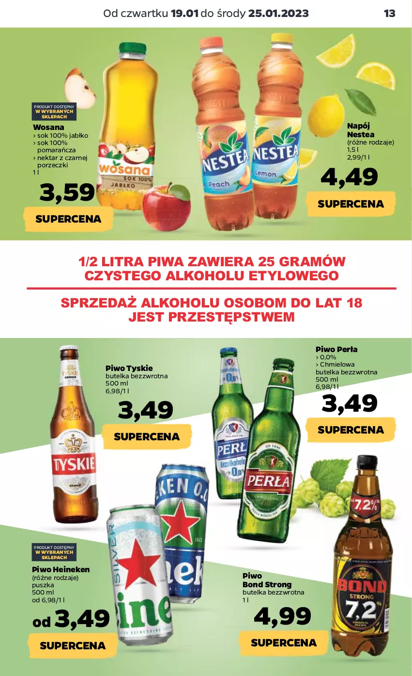 Gazetka promocyjna Netto - Artykuły spożywcze - ważna 19.01 do 25.01.2023 - strona 13 - produkty: Gra, Heineken, Napój, Nektar, Nestea, Perła, Piwa, Piwo, Por, Sok, Tyskie, Wosana