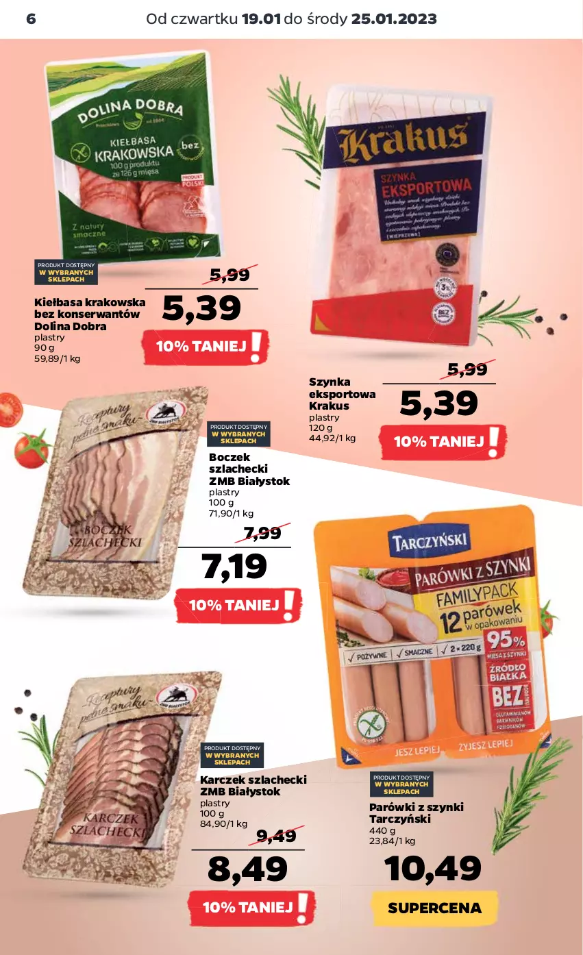 Gazetka promocyjna Netto - Artykuły spożywcze - ważna 19.01 do 25.01.2023 - strona 6 - produkty: Boczek, Kiełbasa, Kiełbasa krakowska, Krakus, Parówki, Parówki z szynki, Por, Ser, Sport, Szynka, Tarczyński