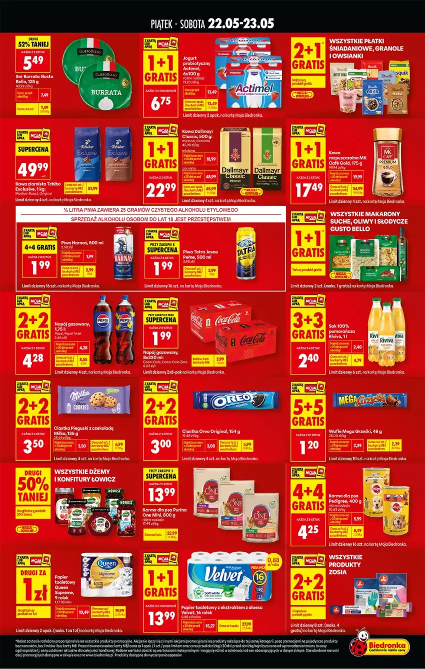 Gazetka promocyjna Biedronka - Tani Weekend - ważna 22.05 do 23.05.2026 - strona 2 - produkty: Bell, Burrata, Ciastka, Dallmayr, Danio, Fa, Gra, Jogurt, Kawa, Kawa ziarnista, Makaron, Milka, Napój, Ocet, Pedigree, Pepsi, Piwa, Piwo, Por, Pur, Purina, Ser, Sok, Tchibo, Velvet