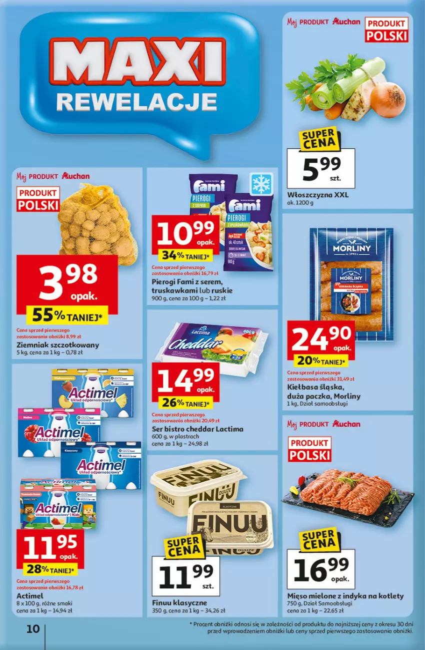 Gazetka promocyjna Auchan - 30 Lat Hipermarket - ważna 15.01 do 21.01.2026 - strona 10 - produkty: Actimel, Cheddar, Fa, Finuu, Kiełbasa, Kiełbasa śląska, Kotlet, Mięso, Mięso mielone, Morliny, Pierogi, Ser