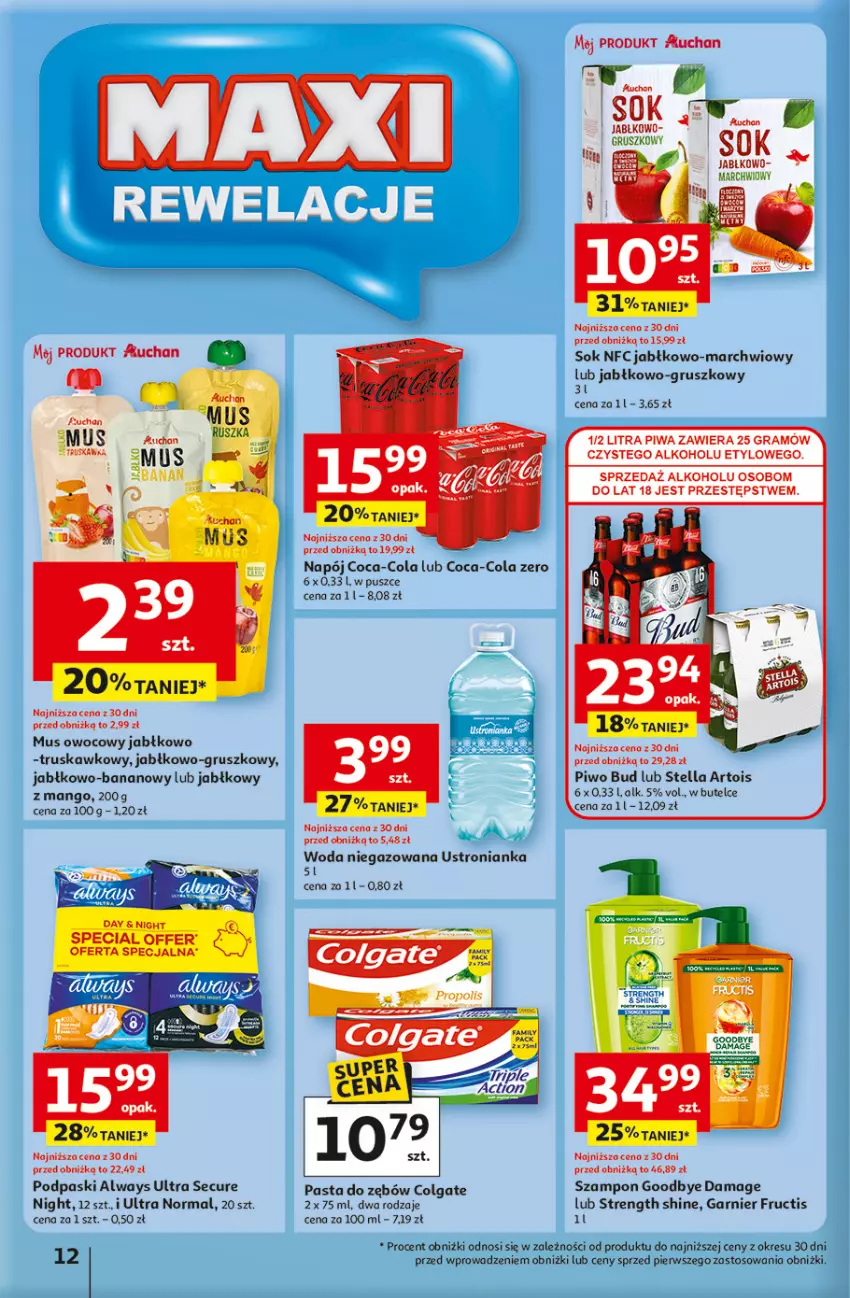 Gazetka promocyjna Auchan - 30 Lat Hipermarket - ważna 15.01 do 21.01.2026 - strona 12 - produkty: Always, Always Ultra, Coca-Cola, Colgate, Fructis, Garnier, Gra, Kawa, LG, Mango, Mus, Napój, Pasta do zębów, Piwa, Piwo, Podpaski, Sok, Szampon, Woda, Woda niegazowana