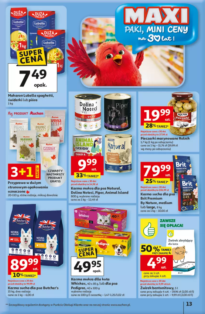 Gazetka promocyjna Auchan - 30 Lat Hipermarket - ważna 15.01 do 21.01.2026 - strona 13 - produkty: Bell, Bella, Brit, Butcher's, Gra, Isla, Lubella, Makaron, Pedigree, Piec, Rolnik, Spaghetti, Whiskas