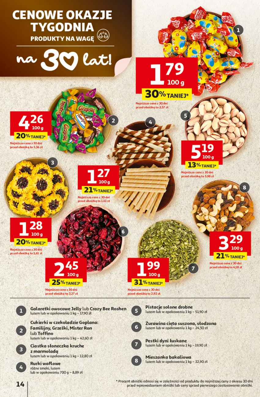 Gazetka promocyjna Auchan - 30 Lat Hipermarket - ważna 15.01 do 21.01.2026 - strona 14 - produkty: Ciastka, Cukier, Cukierki, Fa, Gala, Galaretki, Goplana, Grześki, LANA, LG, Mieszanka bakaliowa, Mola, Pestki dyni, Pistacje, Rurki, Toffino