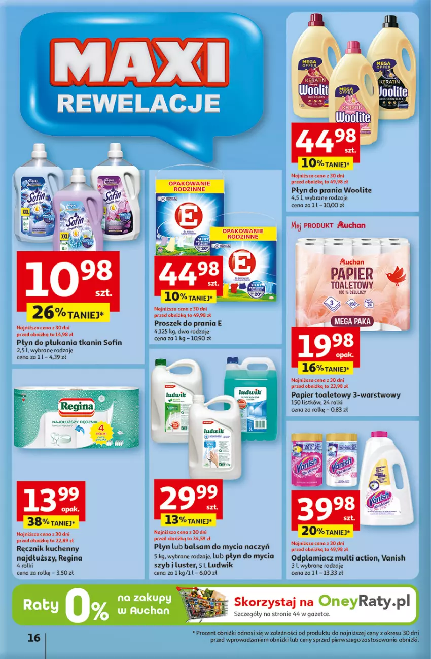 Gazetka promocyjna Auchan - 30 Lat Hipermarket - ważna 15.01 do 21.01.2026 - strona 16 - produkty: Balsam do mycia naczyń, Do mycia naczyń, Gin, Ludwik, Odplamiacz, Papier, Papier toaletowy, Płyn do mycia, Płyn do płukania, Płyn do prania, Proszek do prania, Ręcznik, Ręcznik kuchenny, Rolki, Vanish, Woolite
