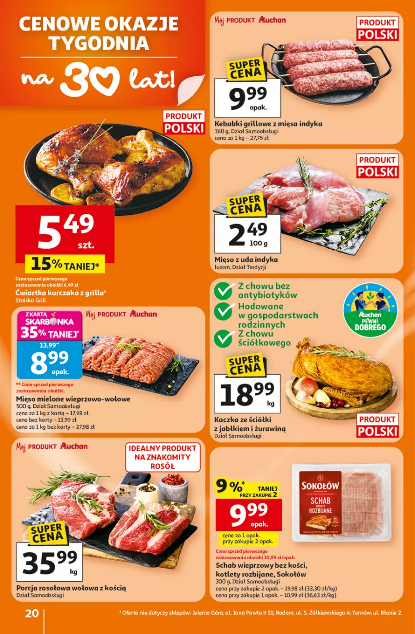 Gazetka promocyjna Auchan - 30 Lat Hipermarket - ważna 15.01 do 21.01.2026 - strona 20 - produkty: Grill, Kaczka, Kebab, Kotlet, Mięso, Mięso mielone, Por, Schab wieprzowy, Sok, Sokołów