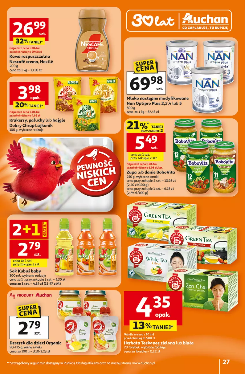 Gazetka promocyjna Auchan - 30 Lat Hipermarket - ważna 15.01 do 21.01.2026 - strona 27 - produkty: Bajgle, BoboVita, Deser, Dzieci, Fa, Kawa, Kawa rozpuszczalna, Krakersy, Kubuś, Lajkonik, Mleko, NAN Optipro, O nas, Ser, Serek, Sok, Zupa