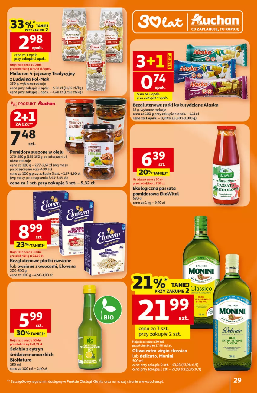 Gazetka promocyjna Auchan - 30 Lat Hipermarket - ważna 15.01 do 21.01.2026 - strona 29 - produkty: Gin, Makaron, Monini, Olej, Płatki owsiane, Pomidory, Rurki, Sok