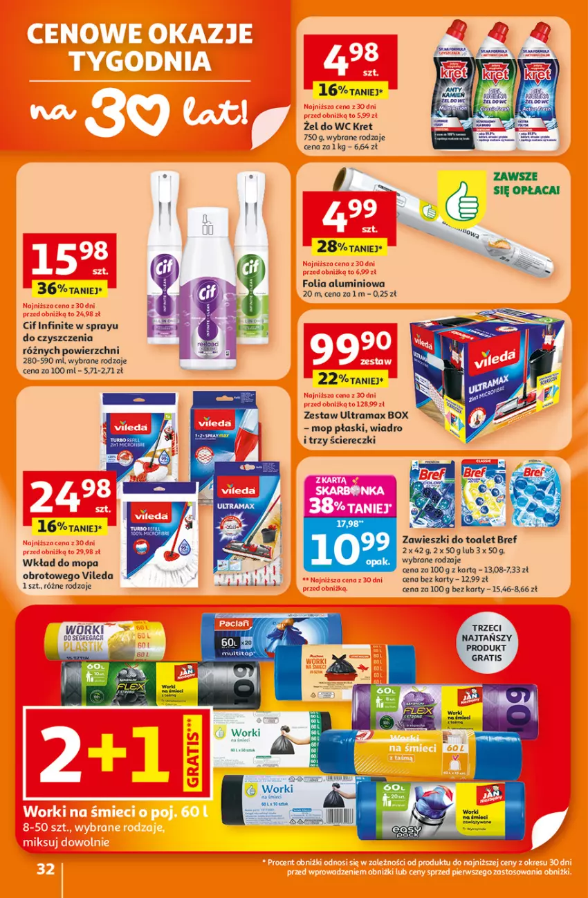 Gazetka promocyjna Auchan - 30 Lat Hipermarket - ważna 15.01 do 21.01.2026 - strona 32 - produkty: Bref, Cif, Folia aluminiowa, Gra, Kret, Mop, Rama, Vileda, Wiadro, Wkład do mopa, Worki na śmiec, Worki na śmieci, Zawieszki