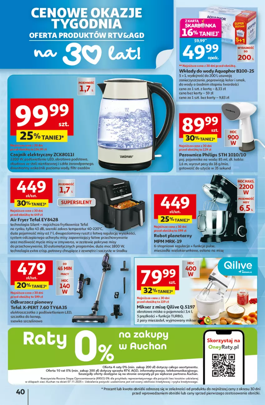 Gazetka promocyjna Auchan - 30 Lat Hipermarket - ważna 15.01 do 21.01.2026 - strona 40 - produkty: 5 Sekund, Aquaphor, Czajnik, Czajnik elektryczny, Fa, Gra, Kosz, Mikser, Mikser z misą, Miska, Odkurzacz, Parownica, Persil, Philips, Pojemnik, Pokrywa, Por, Robot, Robot planetarny, Ser, Sok, Szczotka, Tefal, Top