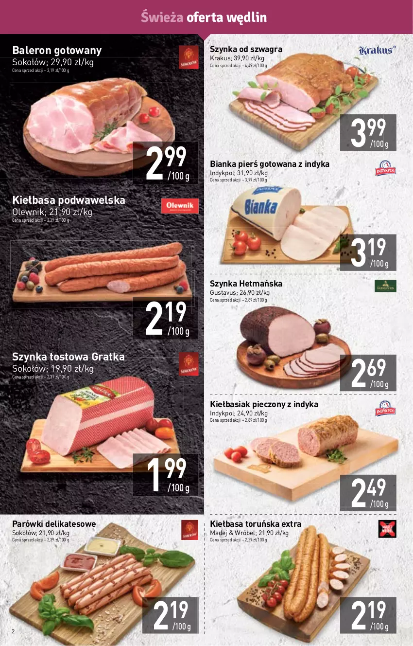 Gazetka promocyjna Stokrotka - Market - ważna 19.01 do 25.01.2023 - strona 2 - produkty: Basia, Bianka, Gra, Kiełbasa, Kiełbasa podwawelska, Krakus, Olewnik, Parówki, Piec, Sok, Sokołów, Szynka, Wawel