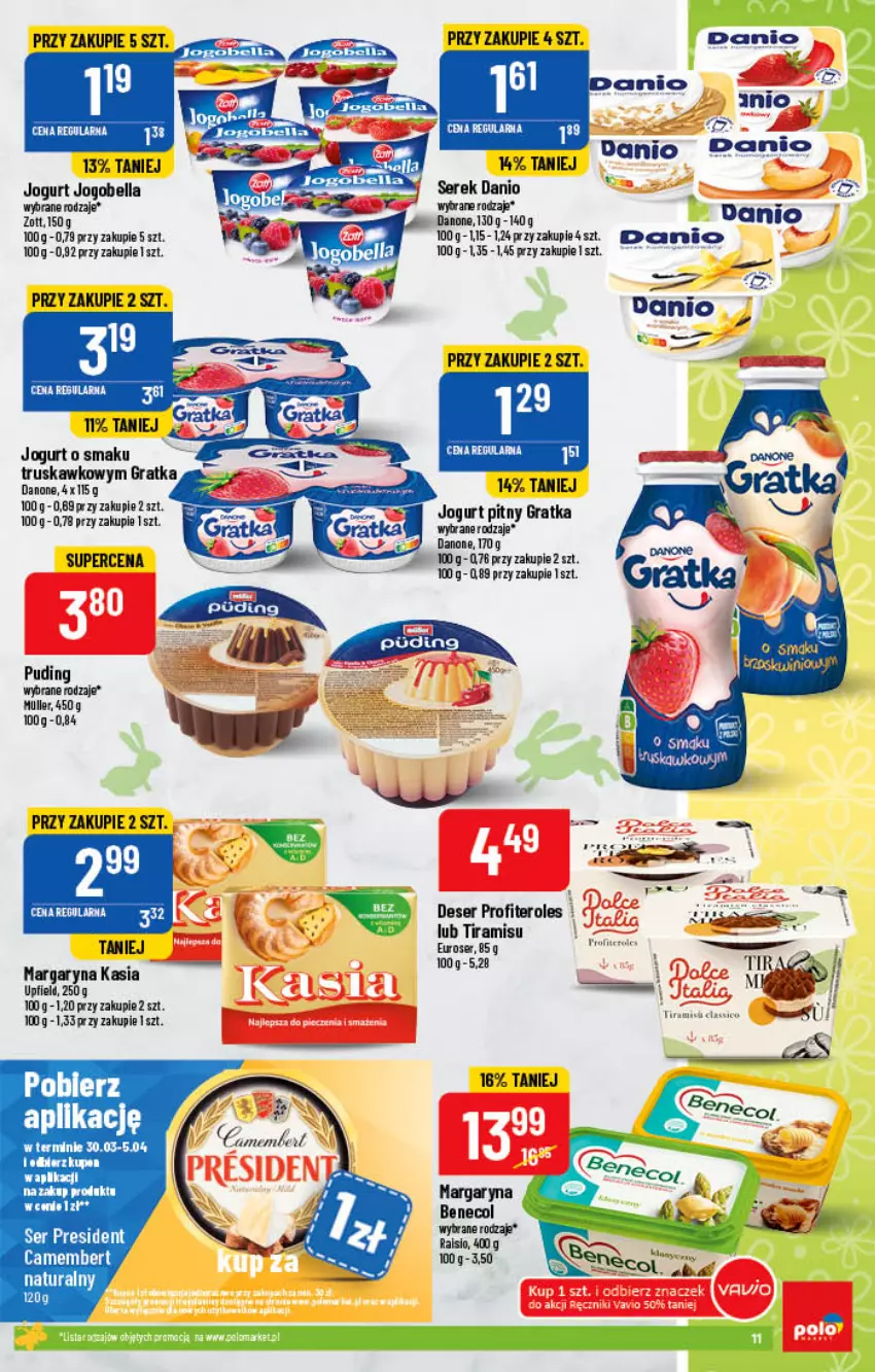 Gazetka promocyjna PoloMarket - Gazetka pomocyjna - ważna 30.03 do 05.04.2022 - strona 11 - produkty: Bell, Bella, Benecol, Camembert, Danio, Danone, Deser, Gra, Jogobella, Jogurt, Kasia, Margaryna, Ser